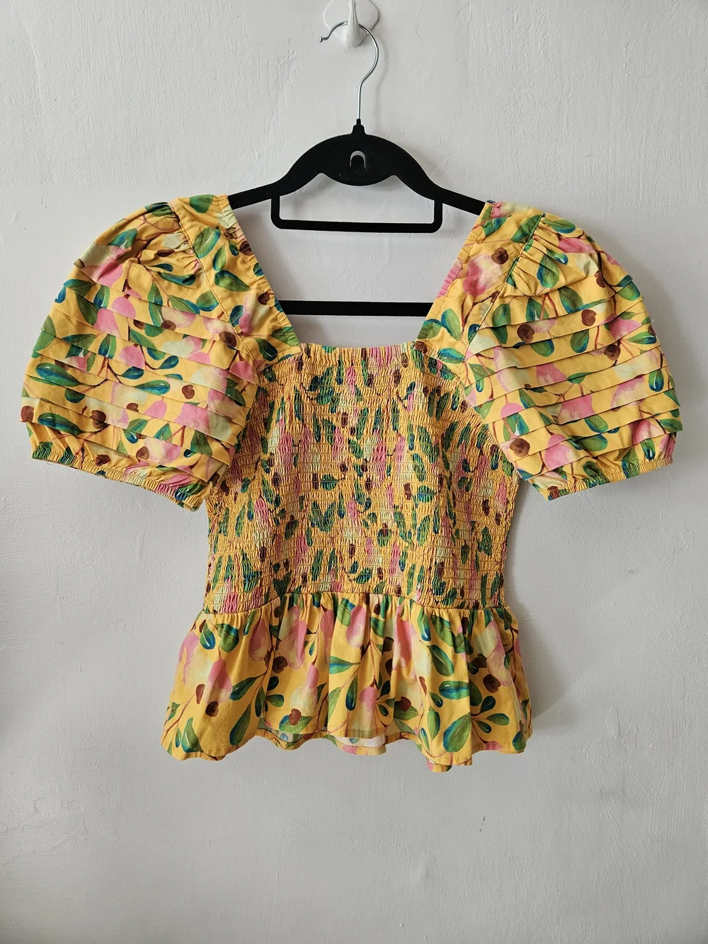 FARM RIO Yellow Floral Smocked Square-Neck Puff Sleeve Blouse Top M